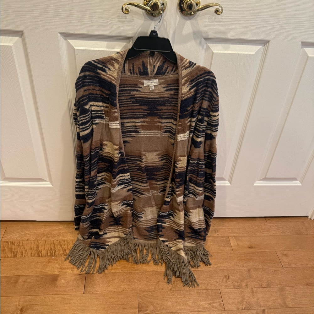 Lucky Brand Brown Multi-Color Fringe Open Cardigan